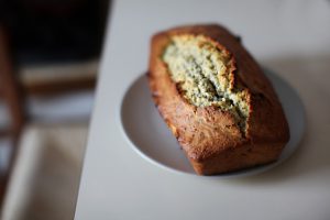 Photo of banana bread loaf on a plate